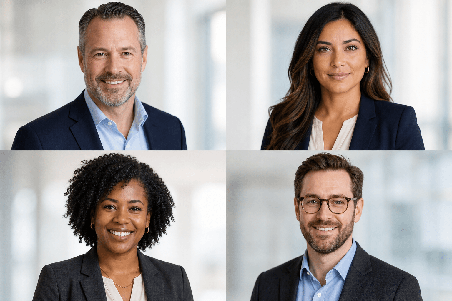 Illustrative four-person insurance agency team headshot rollout